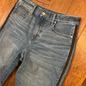 Blue jeans with brown suede detailing